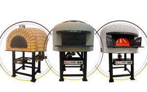 a foto mostra tipos de fornos para pizzaria, nos modelos clássicos e napolitanos, que funcionam com lenha, gás ou elétrico
